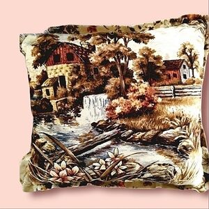 Velvetty Vtg Farm Fall Scene Square Throw Pillow